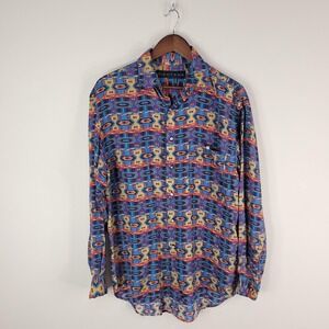 Santana Shirt Mens Medium Silk Aztec Geometric Button Up Vintage Style Retro 90s